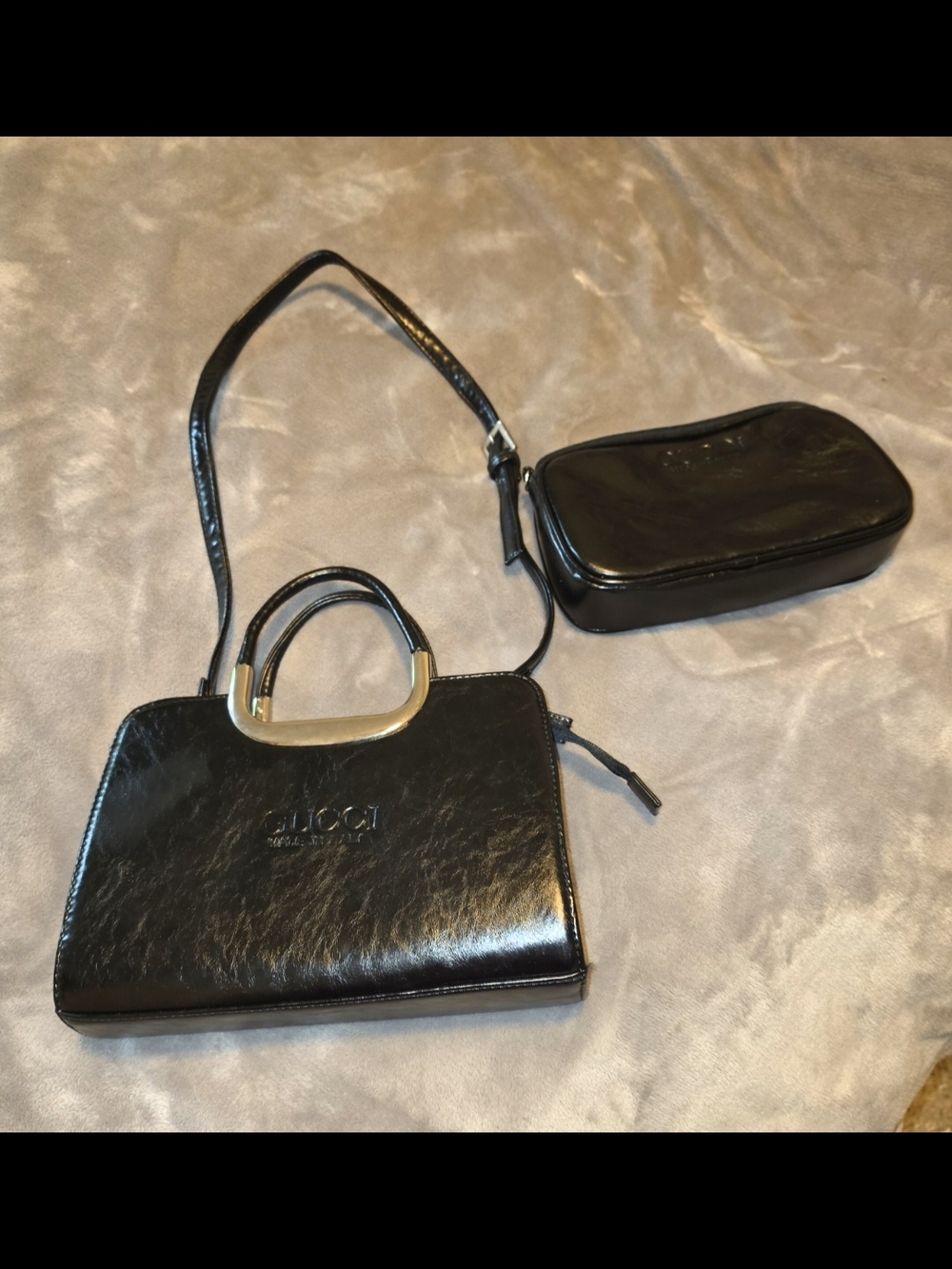 Gucci Black Vegan Leather, Silver Handle & Adjustable Strap & Detached Pouch
